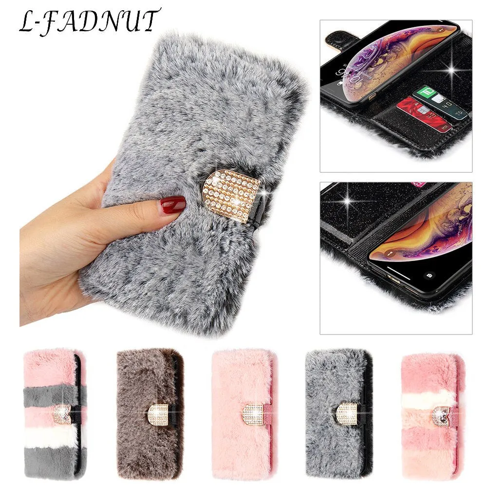 L-FADNUT Luxury Cute Fur Fluffy Wallet Phone Case For iPhone 11 Pro Max Xr X Xs Apple 6 6S Plus 7 8 5 5S SE Soft Leather Cover