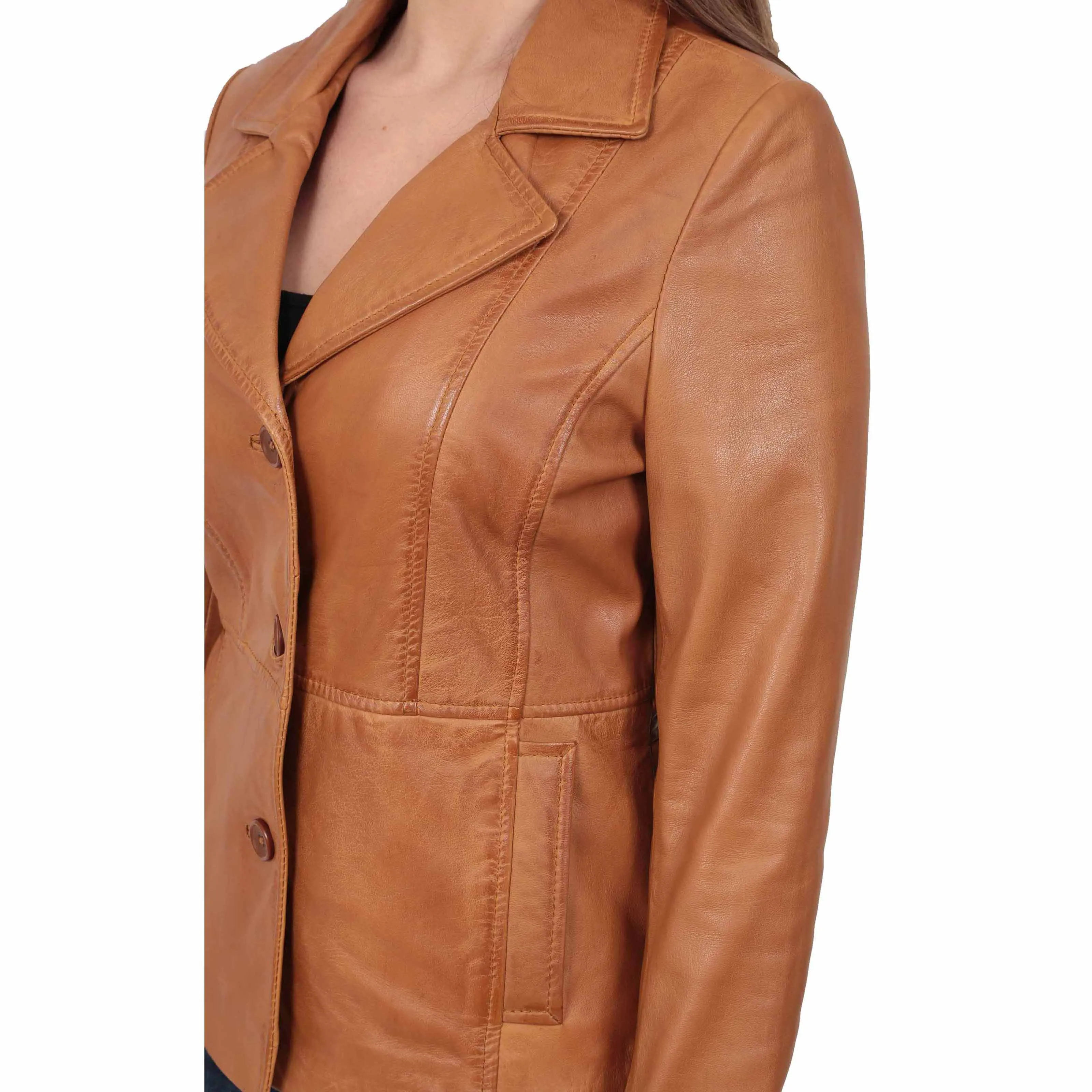 Ladies Leather Blazer Coat Fitted Classic Hip Length Jacket Judy Tan