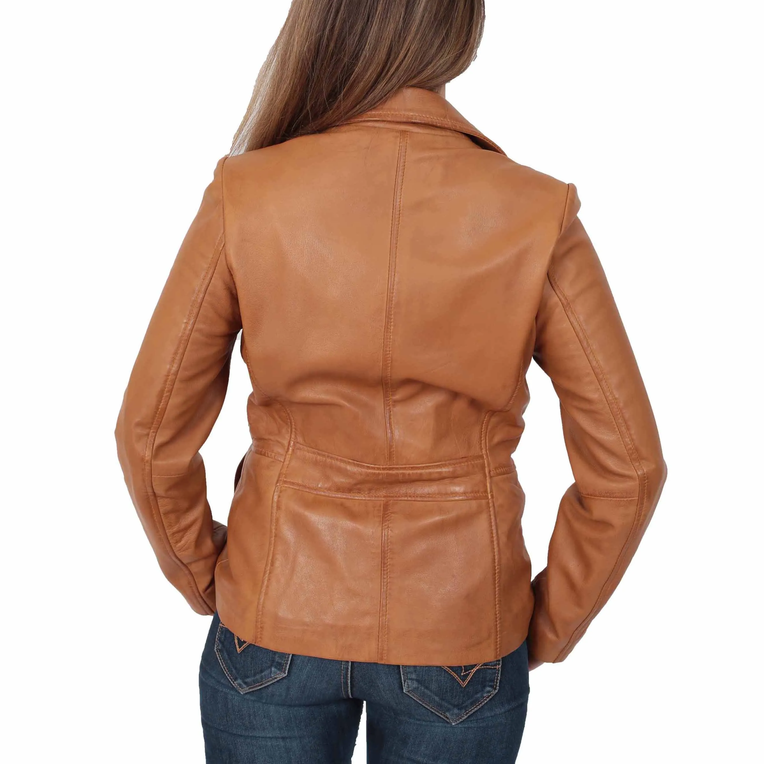 Ladies Leather Blazer Coat Fitted Classic Hip Length Jacket Judy Tan