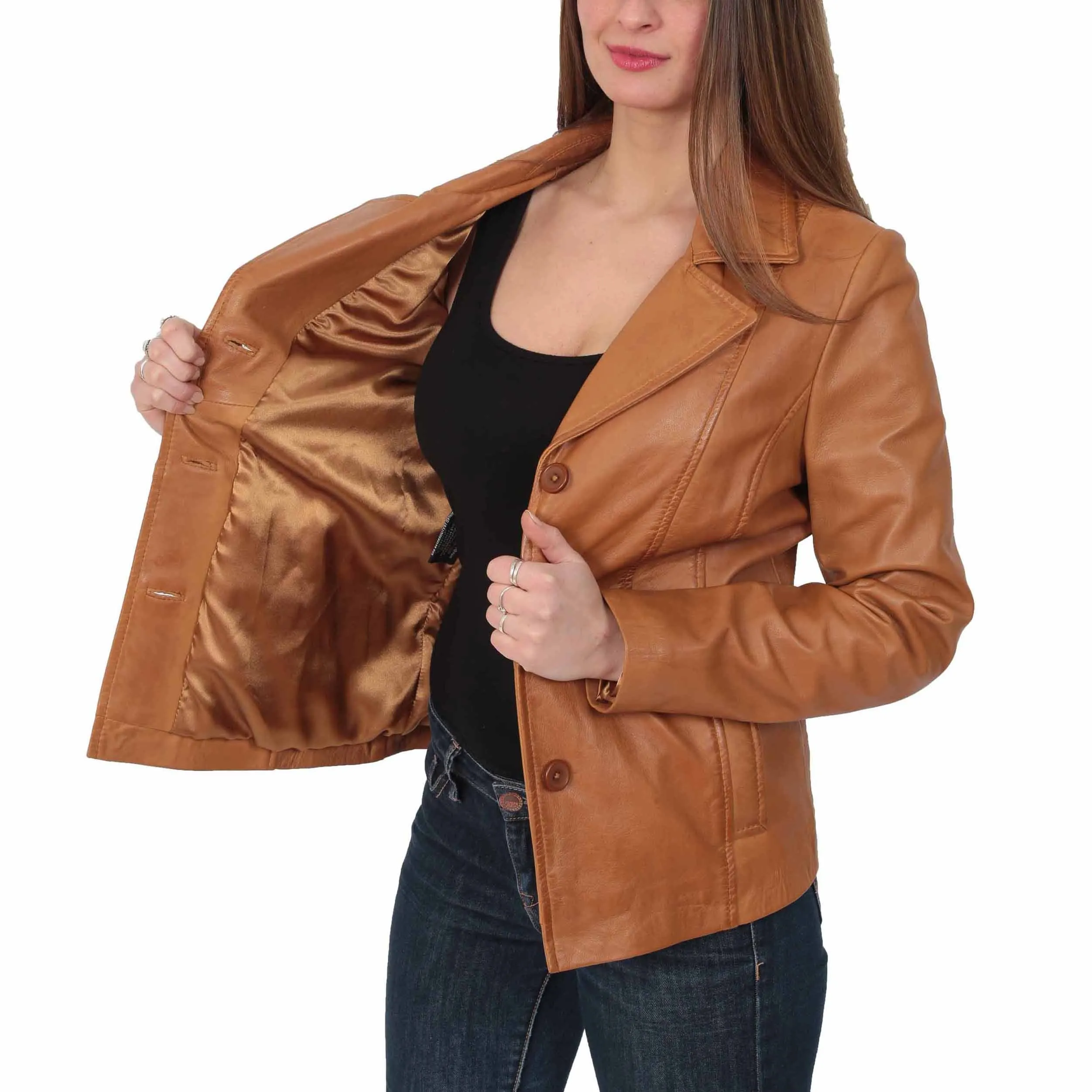 Ladies Leather Blazer Coat Fitted Classic Hip Length Jacket Judy Tan
