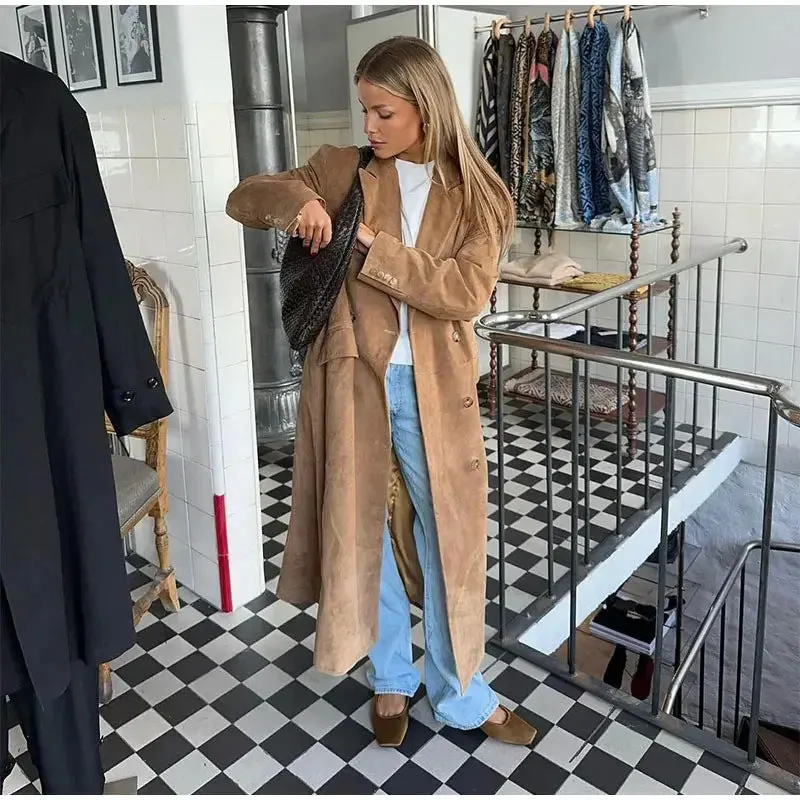 Lapeled Khaki Suede Trench Coat