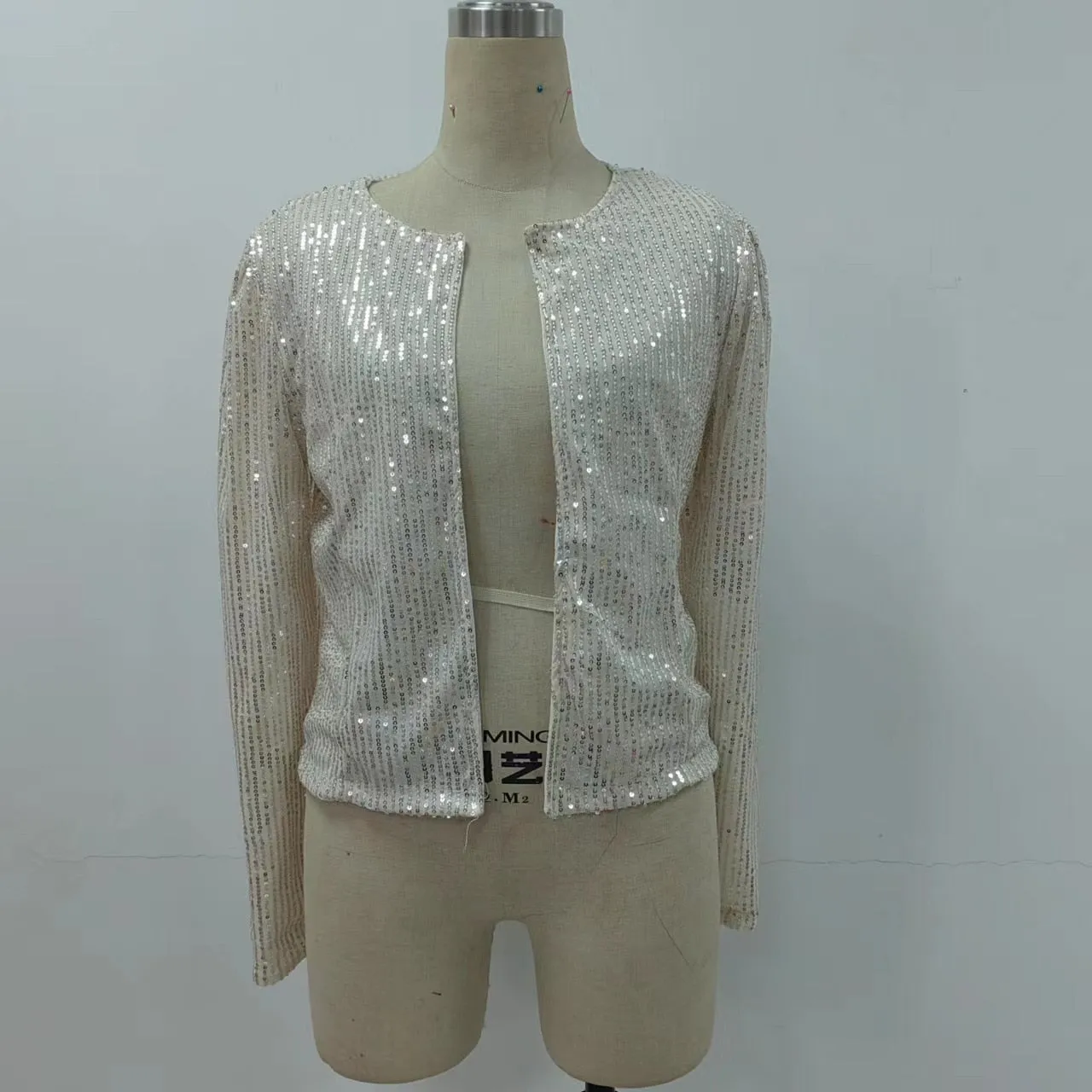 Long Sleeve Open Front Sequin Coat Women Casual Female Jacket Sequin Pearls Buttons Coat O-Neck Out Wear Ladies