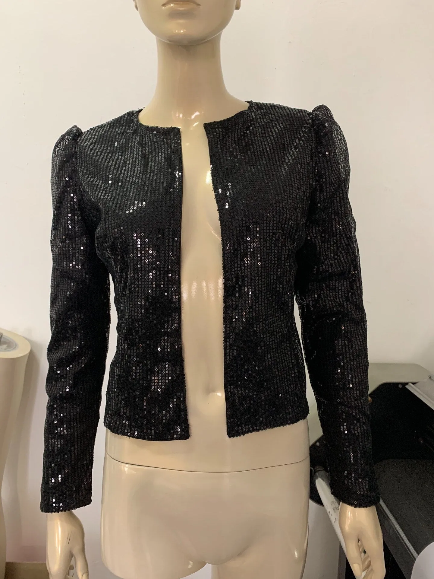 Long Sleeve Open Front Sequin Coat Women Casual Female Jacket Sequin Pearls Buttons Coat O-Neck Out Wear Ladies