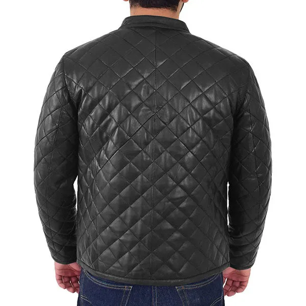 Mens Black Quilted Leather Puffer Jacket