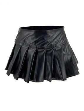 Pleated Leather Mini  Casual Skirt
