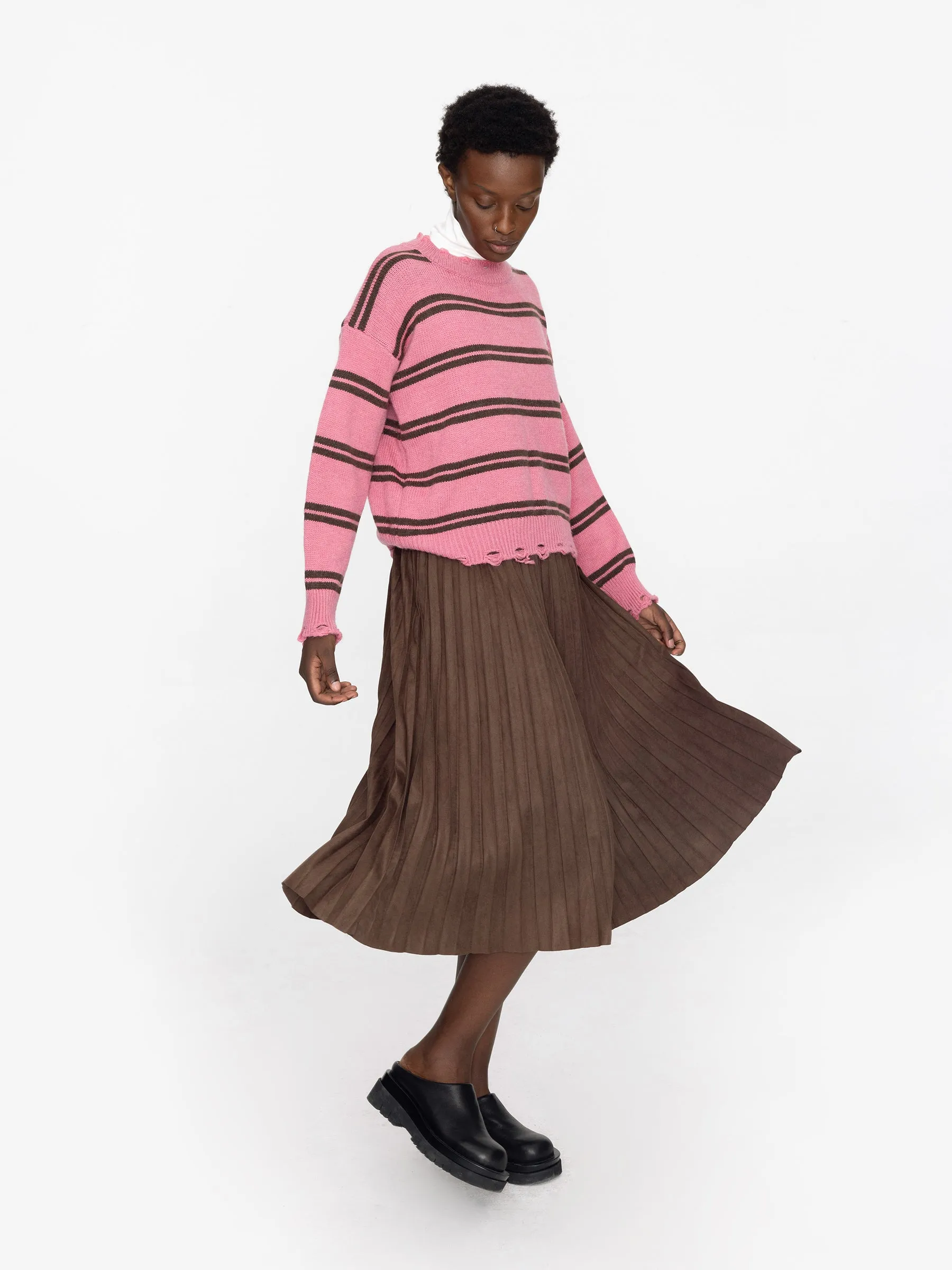 Pleated Suede Midi Skirt