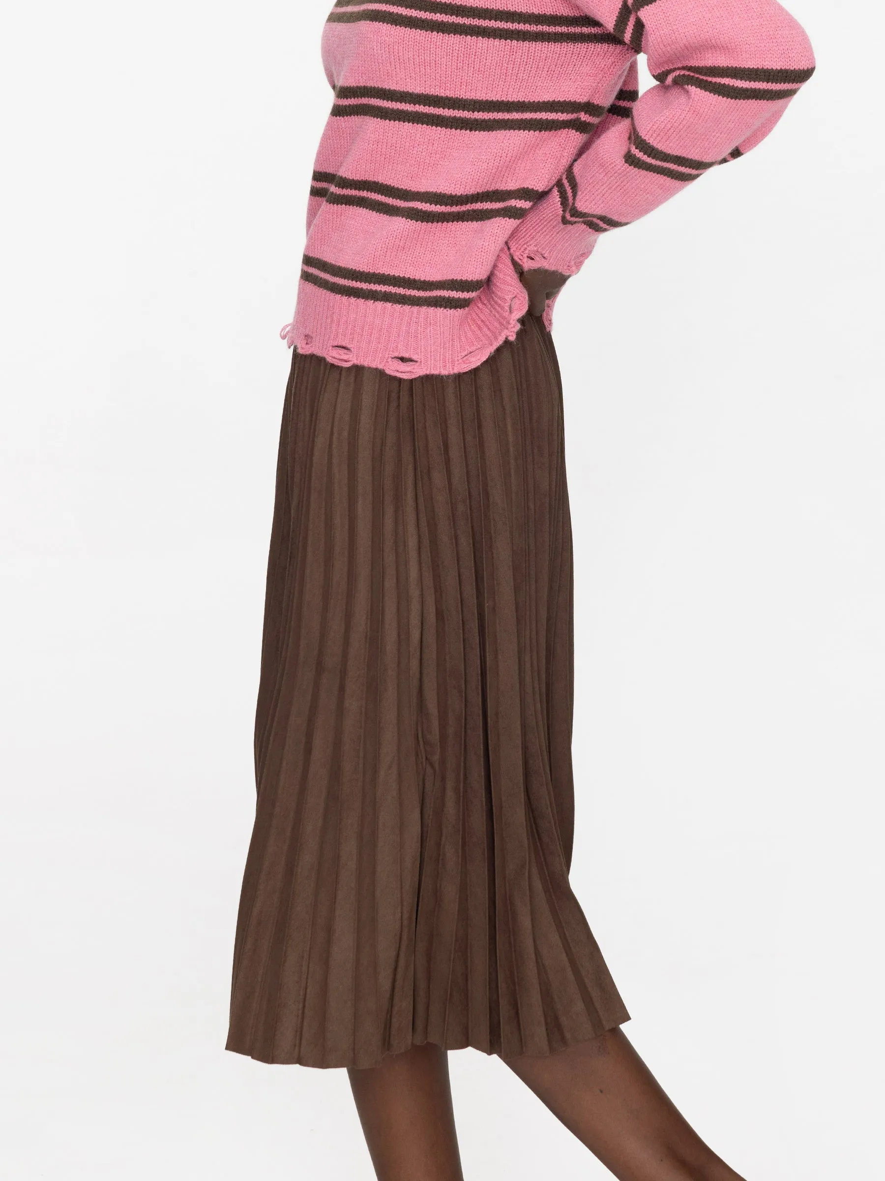Pleated Suede Midi Skirt