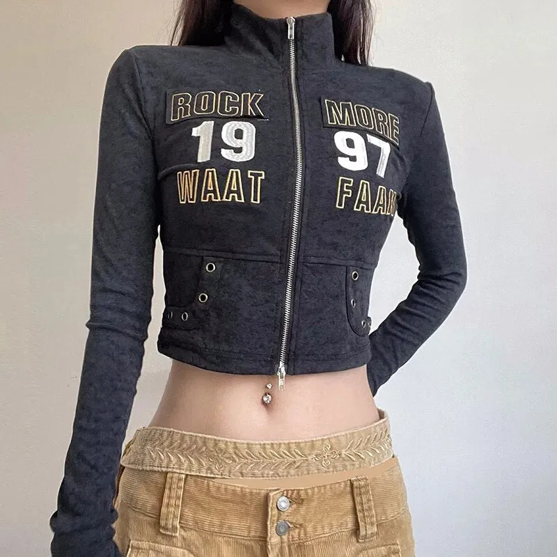 Punk Turtleneck Zip-Up Letter Embroidery Coat