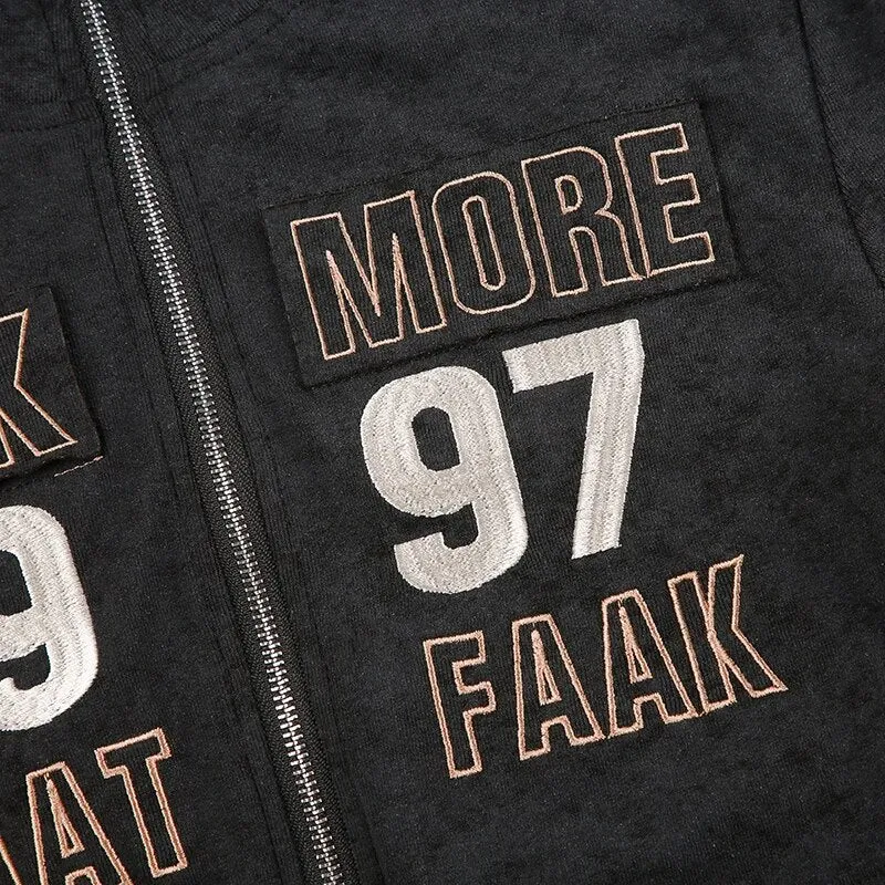 Punk Turtleneck Zip-Up Letter Embroidery Coat