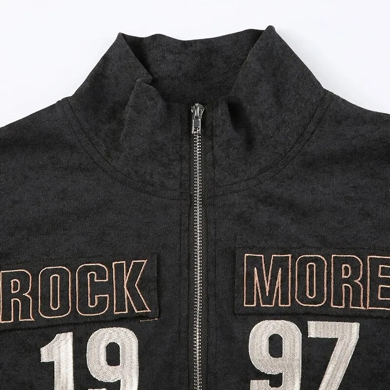 Punk Turtleneck Zip-Up Letter Embroidery Coat
