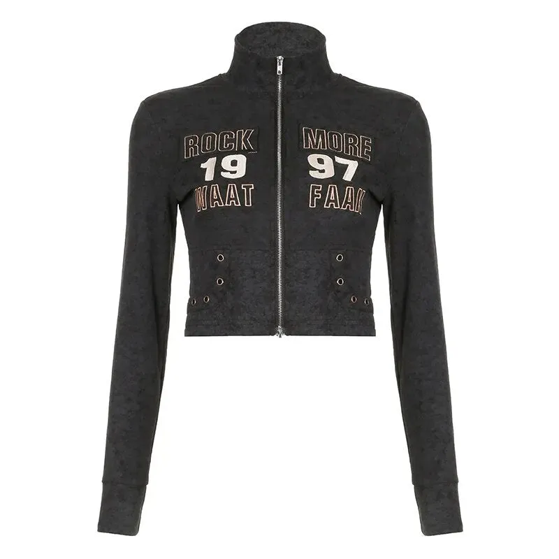 Punk Turtleneck Zip-Up Letter Embroidery Coat