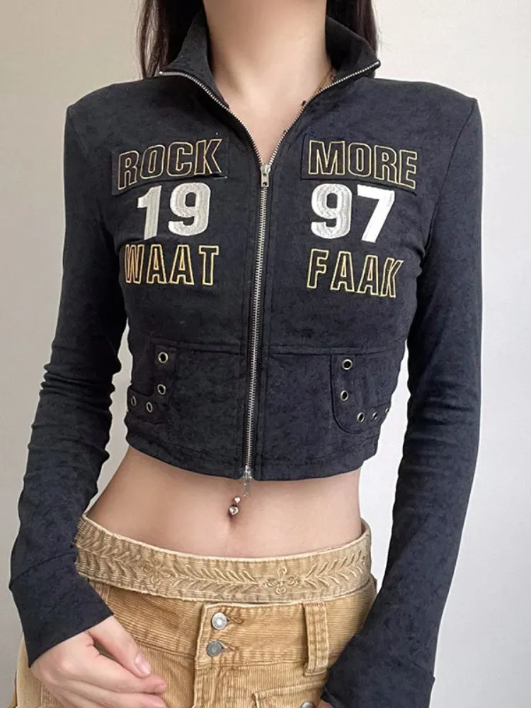 Punk Turtleneck Zip-Up Letter Embroidery Coat