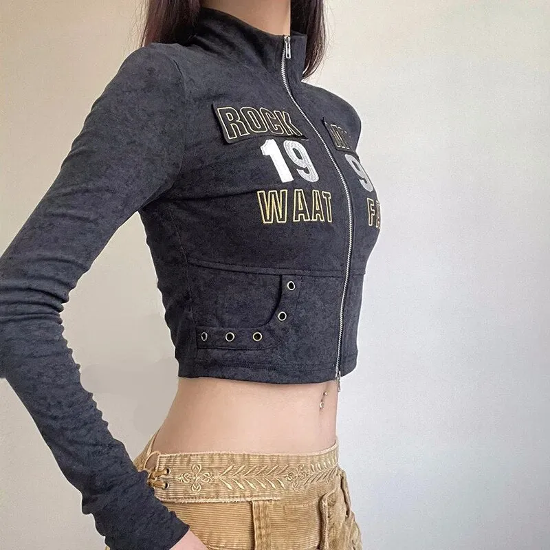 Punk Turtleneck Zip-Up Letter Embroidery Coat