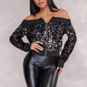 Sexy Off-shoulder Sequined Zipper Jacket