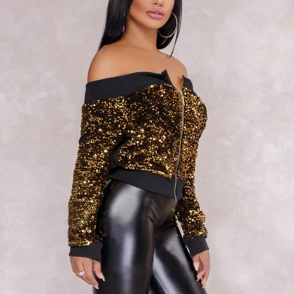 Sexy Off-shoulder Sequined Zipper Jacket