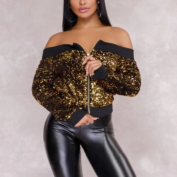 Sexy Off-shoulder Sequined Zipper Jacket