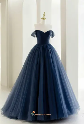 Simple Ball Gown Off Shoulder Sleeve Dark Navy Prom Dress