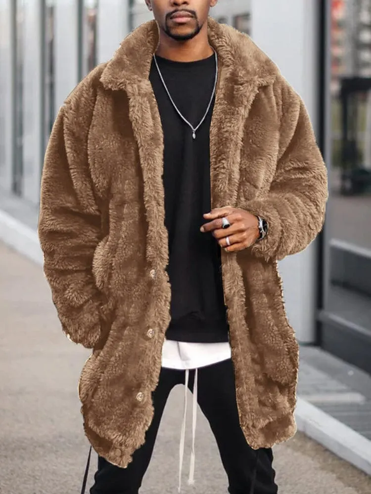 Solid Casual Flannelette Long Coat
