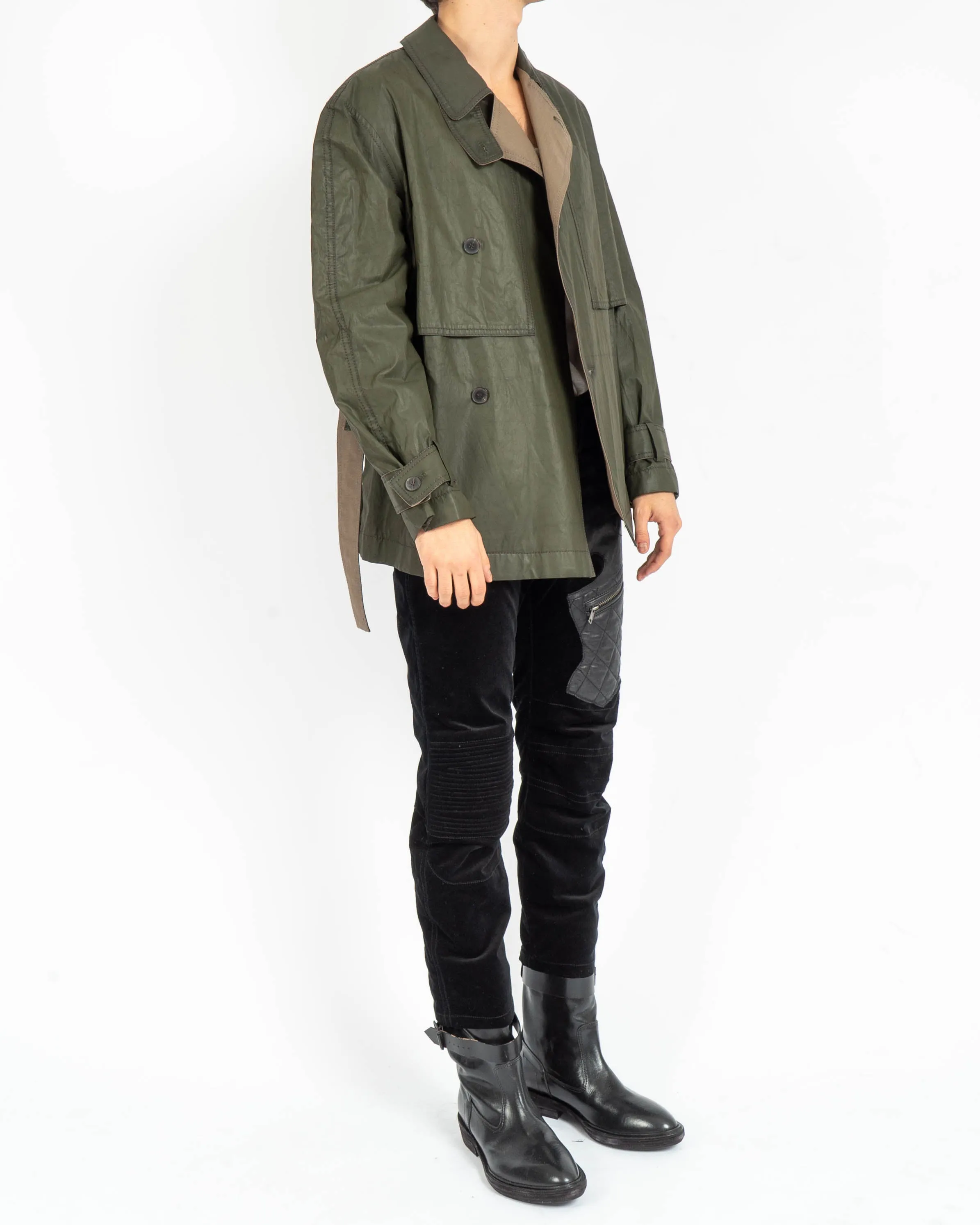SS19 Cropped Waxed Green Linen Caban Jacket
