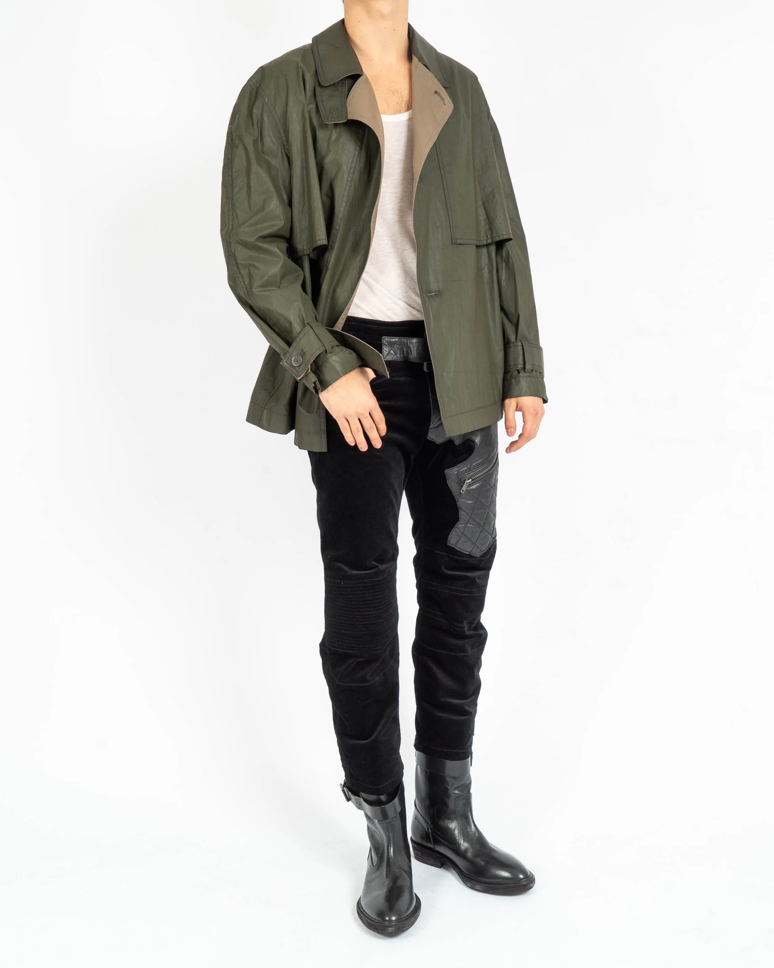 SS19 Cropped Waxed Green Linen Caban Jacket