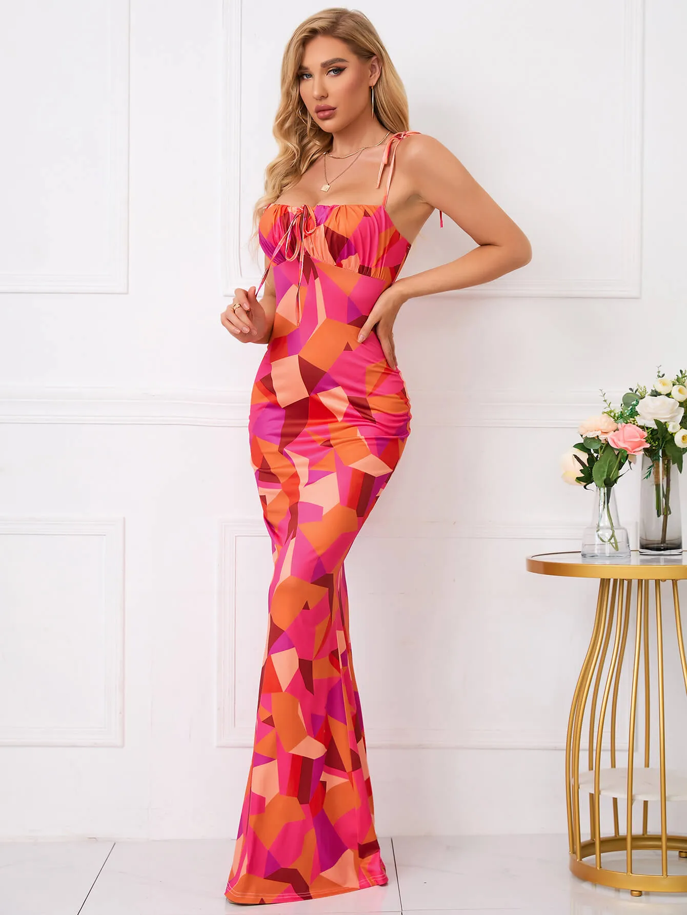 Tie Shoulder Fishtail Hem Floral Print Prom Dress