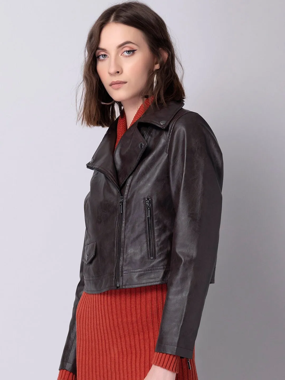 Women Brown Crop Biker Jacket | QAWACH
