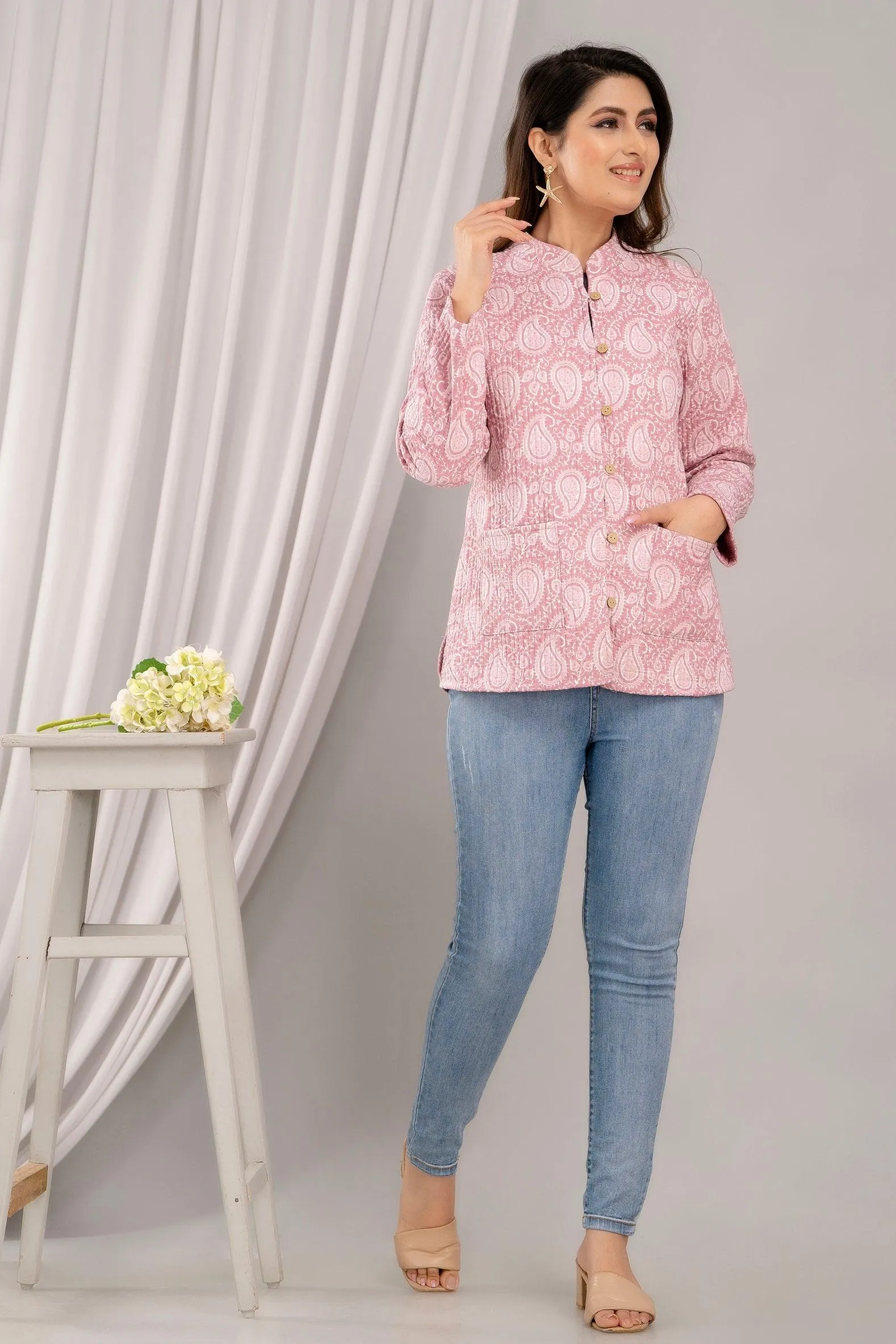 Women Printed Lightweight Cotton Quilted Pink Jacket - SHKL1019