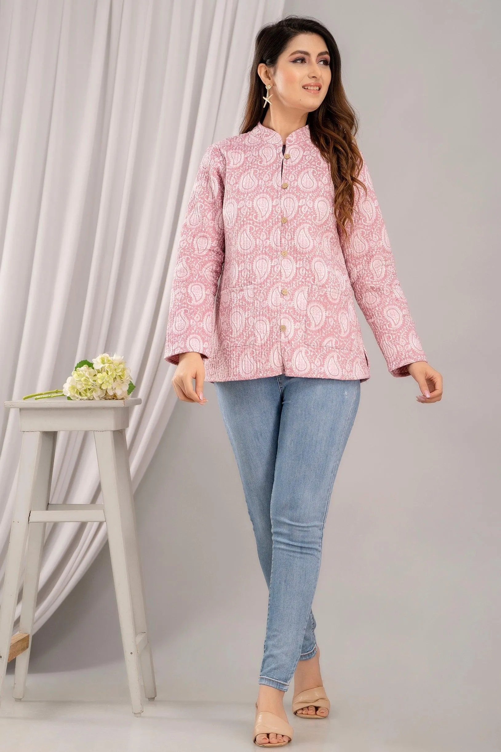 Women Printed Lightweight Cotton Quilted Pink Jacket - SHKL1019