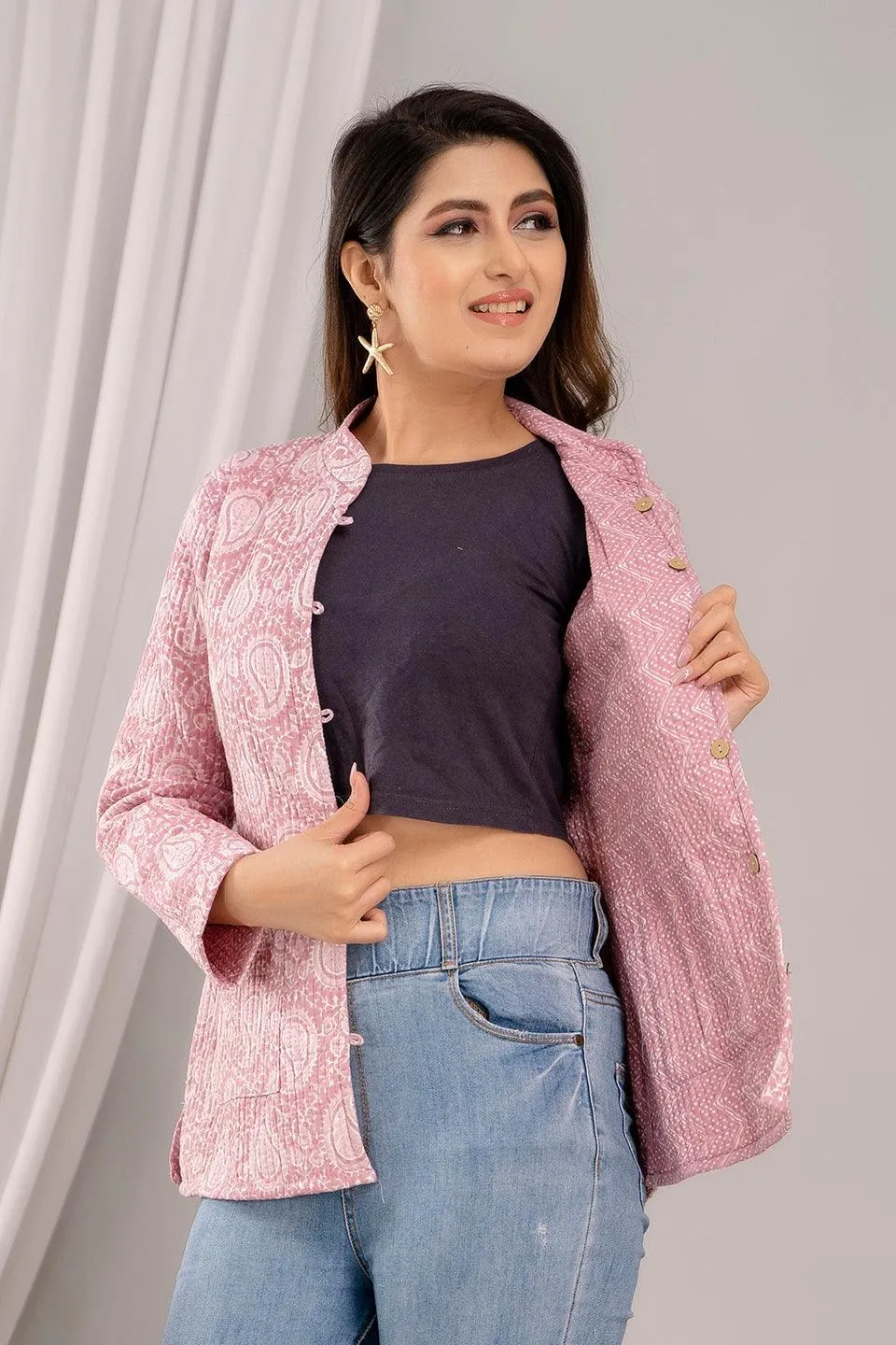 Women Printed Lightweight Cotton Quilted Pink Jacket - SHKL1019