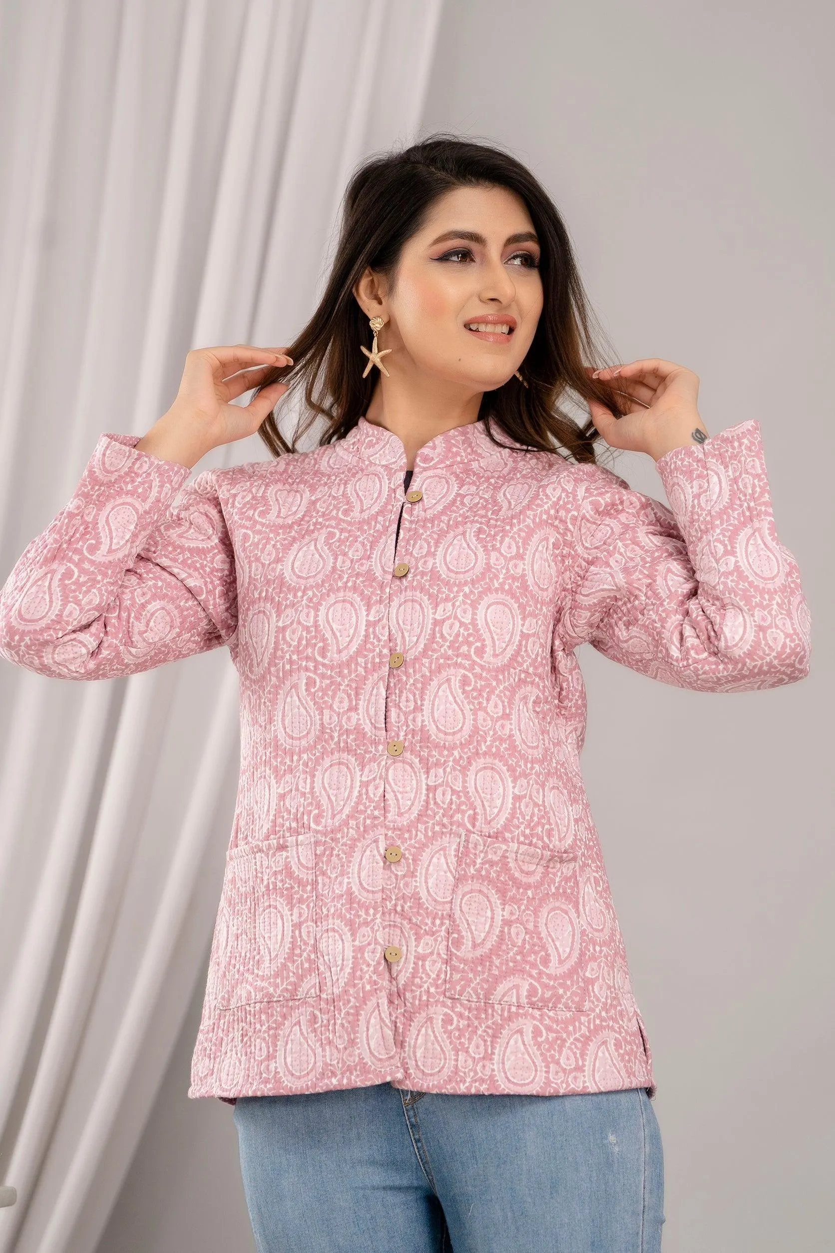 Women Printed Lightweight Cotton Quilted Pink Jacket - SHKL1019