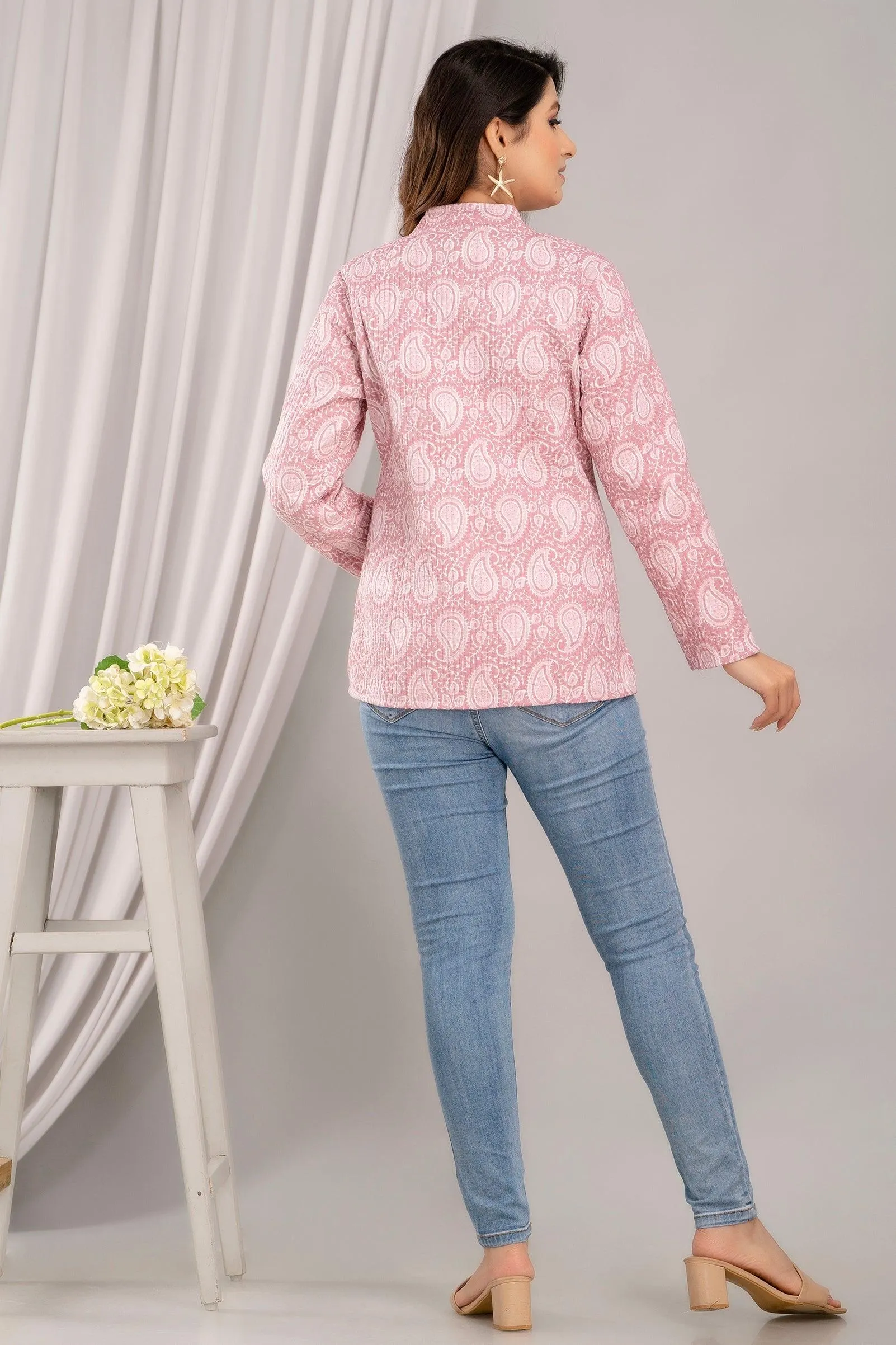 Women Printed Lightweight Cotton Quilted Pink Jacket - SHKL1019
