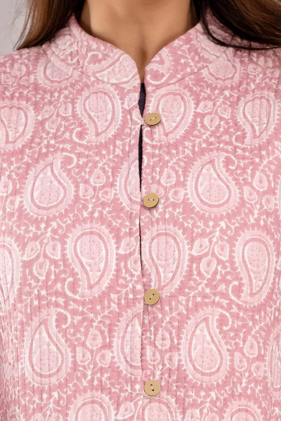Women Printed Lightweight Cotton Quilted Pink Jacket - SHKL1019