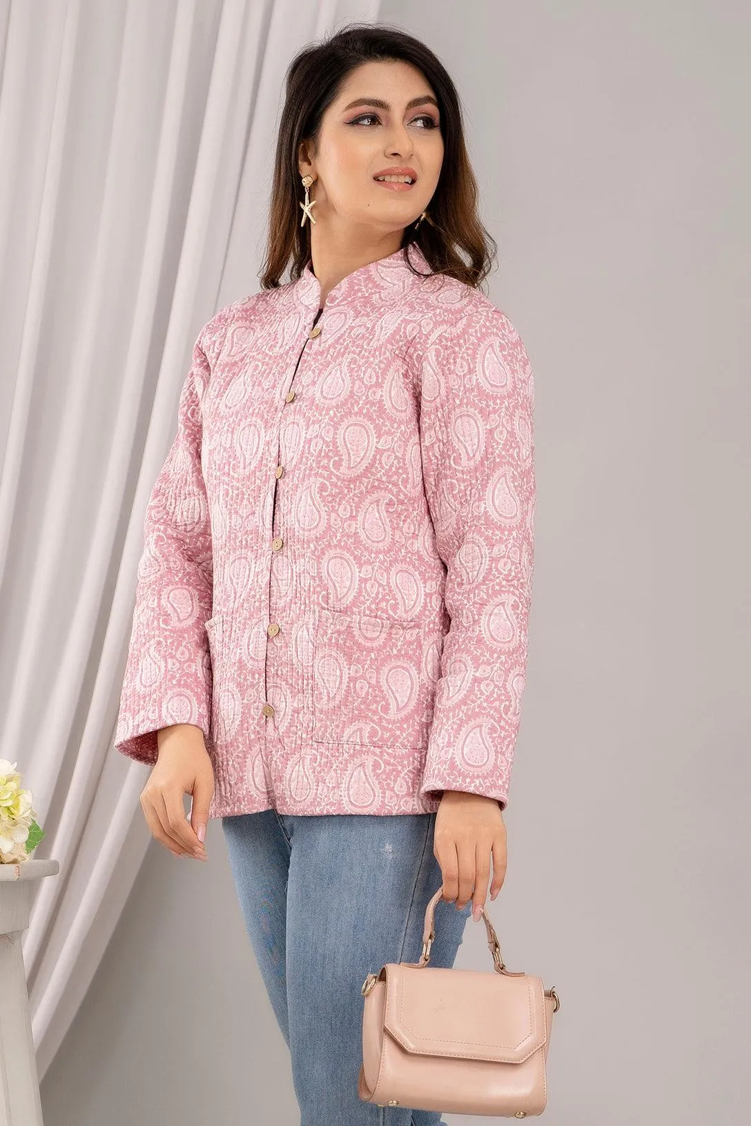 Women Printed Lightweight Cotton Quilted Pink Jacket - SHKL1019