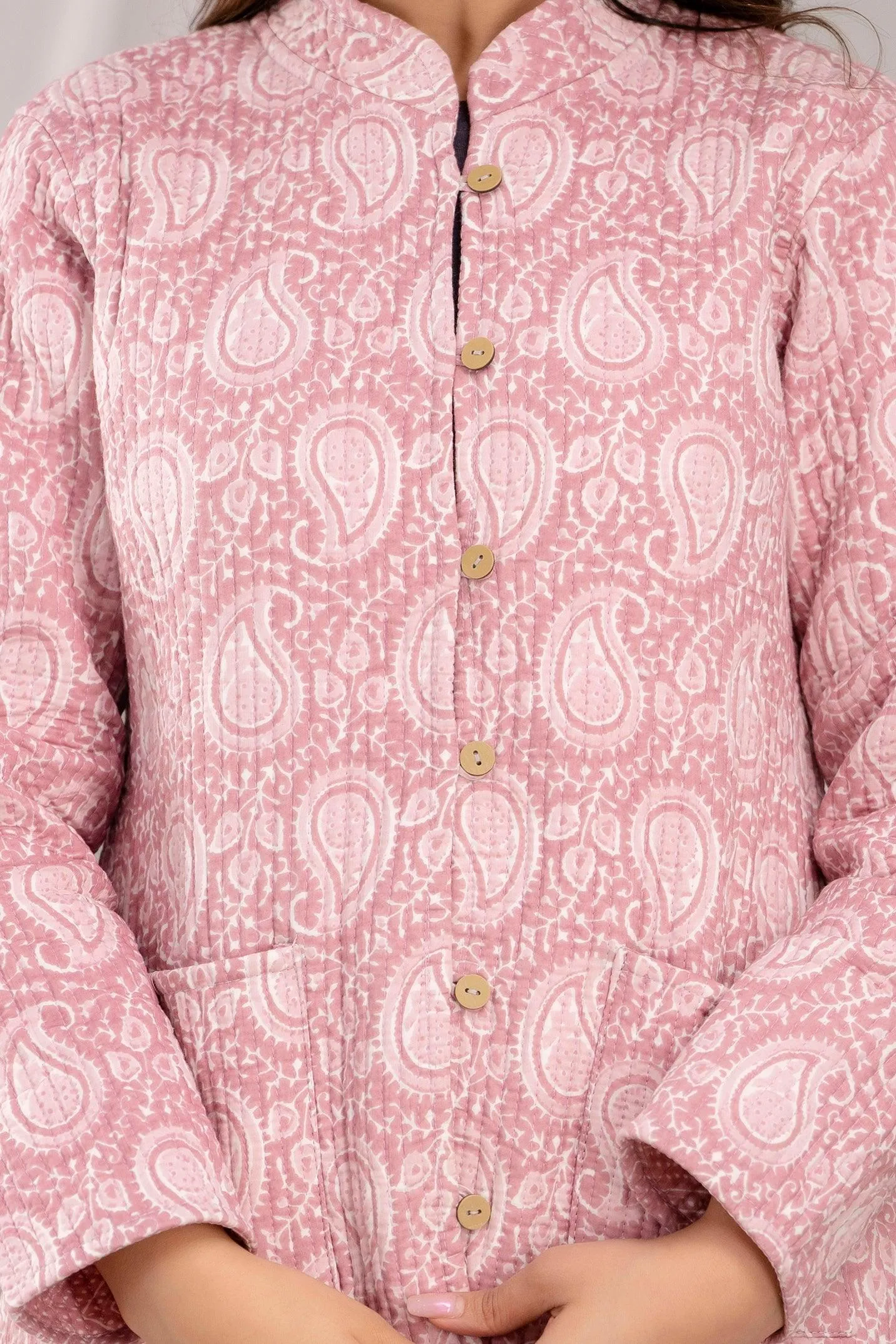 Women Printed Lightweight Cotton Quilted Pink Jacket - SHKL1019